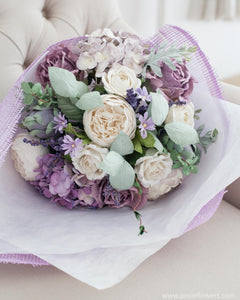 ช่อดอกไม้แสดงความยินดี ดอกไม้ประดิษฐ์ โทนสีม่วงขาว - Sweet Rapunzel Congratulations Bouquet