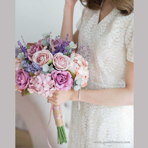 ช่อเจ้าสาวดอกไม้ประดิษฐ์ Medium Bridal Bouquet - Mauve Rose and Hydrangea