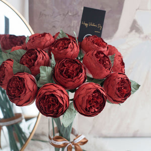 แจกันดอกไม้ประดิษฐ์ ดอกไม้ตกแต่งบ้าน แจกันดอกไม้ทรงสูง - Crimson Red Peony Round