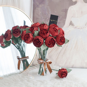 แจกันดอกไม้ประดิษฐ์ ดอกไม้ตกแต่งบ้าน แจกันดอกไม้ทรงสูง - Crimson Red Peony Round