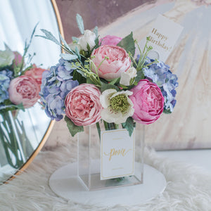 แจกันดอกไม้ประดิษฐ์ กล่องดอกไม้ตกแต่งบ้าน - Pink Peony and Blue HydrangeaParis Vase
