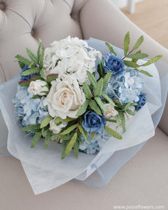 ช่อดอกไม้แสดงความยินดี ดอกไม้ประดิษฐ์ โทนสีฟ้าขาว - Hydrangea Love Congratulations Bouquet