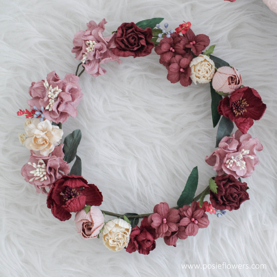มงกุฎดอกไม้ประดิษฐ์ Handmade Paper Floral Crown - Burgundy Love