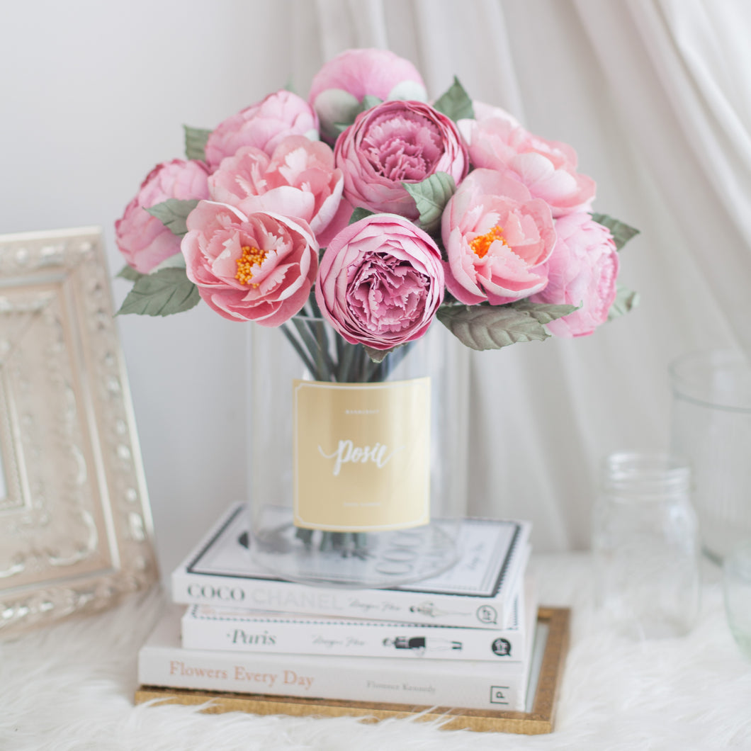 ดอกไม้แต่งบ้าน แจกันดอกไม้ประดิษฐ์ ดอกพีโอนี่โทนสีชมพู - Pink Peony Hampton Flower Vase