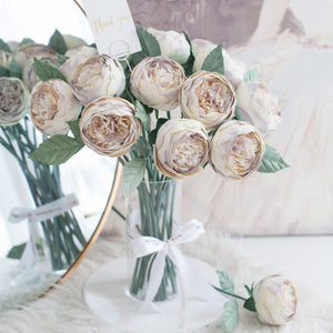 ดอกไม้แต่งบ้าน แจกันดอกไม้ประดิษฐ์ ดอกพีโอนี่กลม - White Purple Rim Peony Marseille Vase