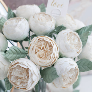 ดอกไม้แต่งบ้าน แจกันดอกไม้ประดิษฐ์ ดอกพีโอนี่กลม - White Peony Marseille Vase