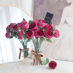 ดอกไม้แต่งบ้าน แจกันดอกไม้ประดิษฐ์ ดอกพีโอนี่กลม - Burgundy Peony Marseille Vase