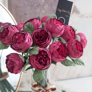 ดอกไม้แต่งบ้าน แจกันดอกไม้ประดิษฐ์ ดอกพีโอนี่กลม - Burgundy Peony Marseille Vase