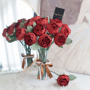 ดอกไม้แต่งบ้าน แจกันดอกไม้ประดิษฐ์ ดอกพีโอนี่กลม - Crimson Red Peony Marseille Vase