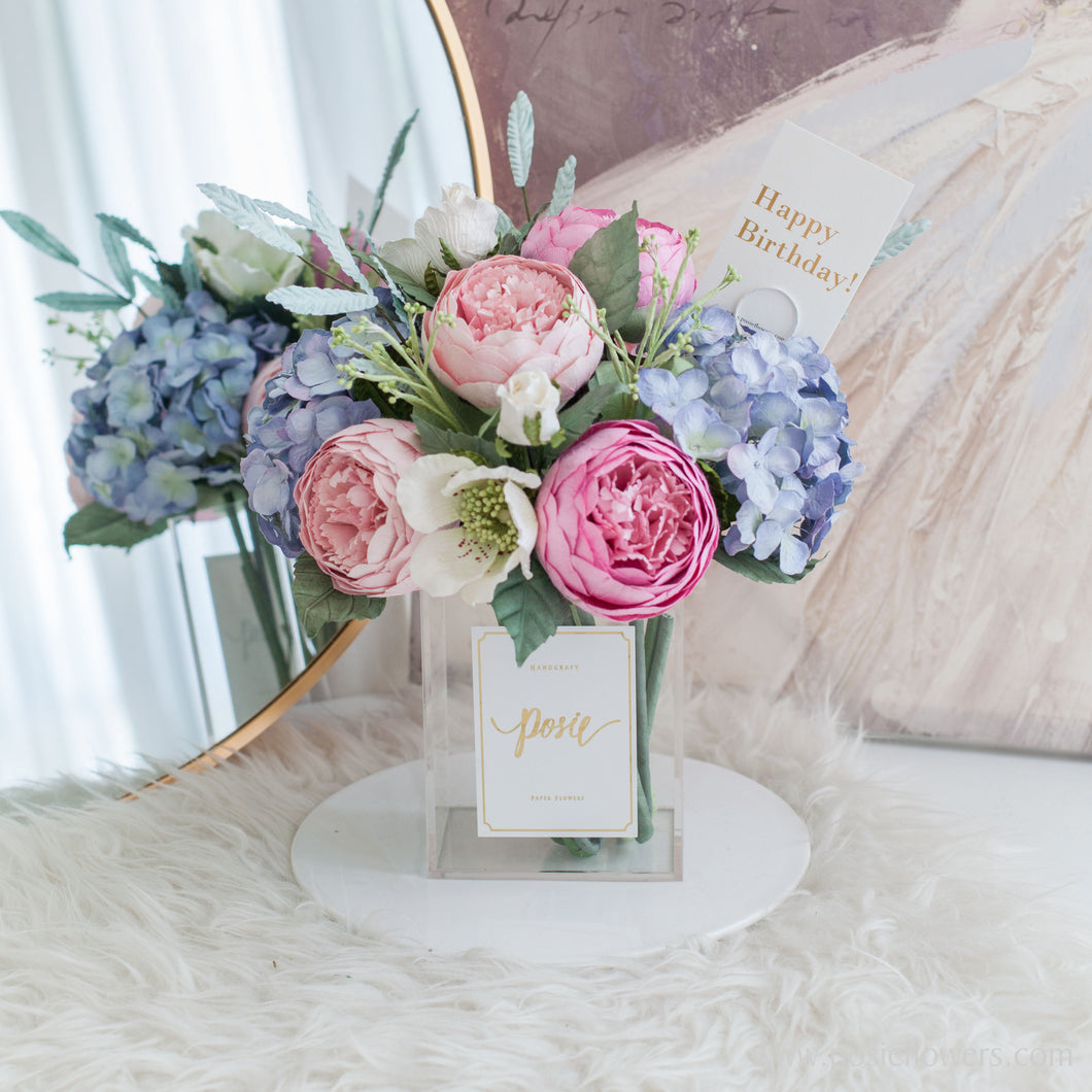 ดอกไม้ตกแต่งบ้านพร้อมแจกันทรงเหลี่ยม โทนชมพูฟ้าพาสเทล - Pink Peony&Blue Hydrangea Paris Vase