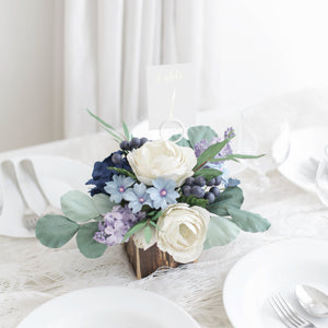 กระปุกไม้สไตล์วินเทจตกแต่งดอกไม้ประดิษฐ์ Vintage Wooden Flower Pot - White Purple and Deep Blue